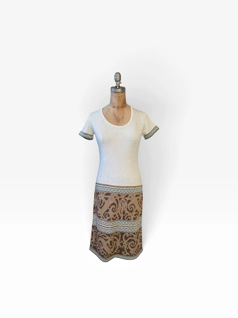 Peruvian Connection USUACK KNIT Dress Pima Cotton Midi Dress in Cream & Brown S